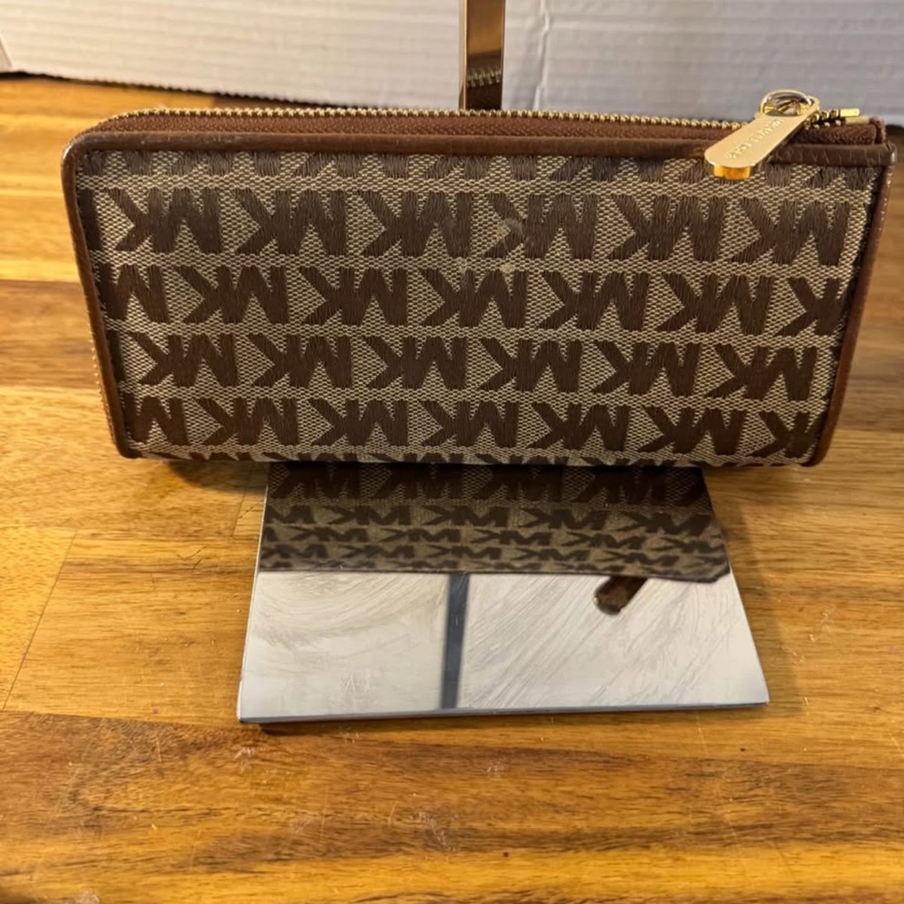Michael Kors Brown and Beige MK Logo Zip Wallet
